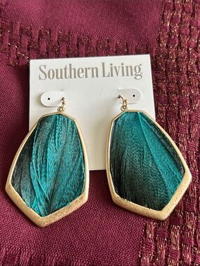 Southern Living Teal Feather Earrings with Gold Trim